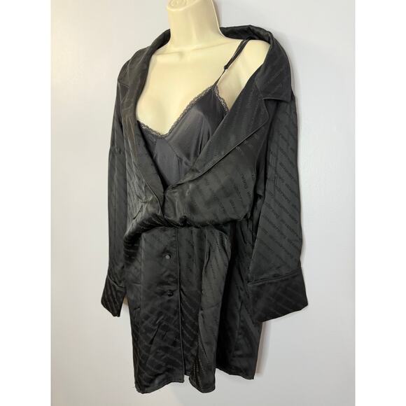 Alexander Wang Black Tonal Logo Deconstructed Shirt Dress Silk Blend Black Sz 2 - Picture 10 of 16